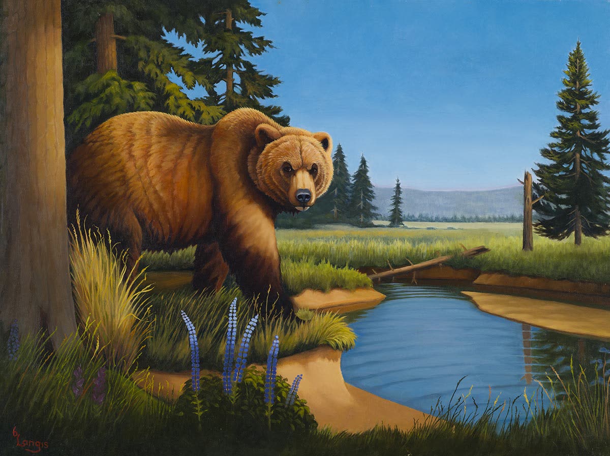 “Close Encounter” — an original oil painting of a brown bear stepping from the treeline, by Bill Langis