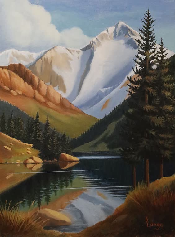 “Dramatic Tranquility” — oil painting of a mountain lake by Bill Langis