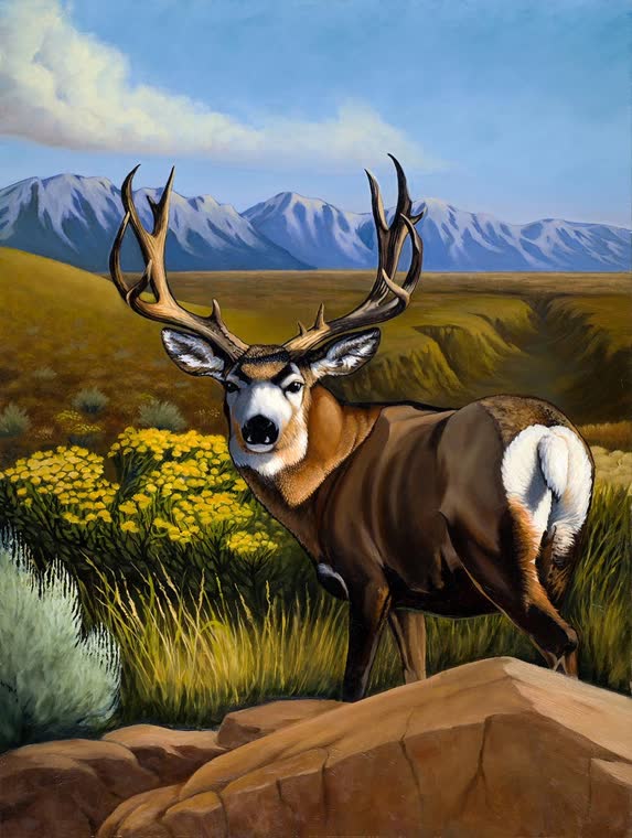 “Looking Back” — oil painting of a mule deer by Bill Langis