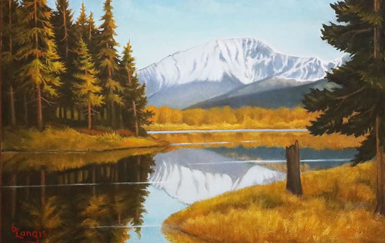 “Mountain Reflections” — oil painting of a alpine lake by Bill Langis