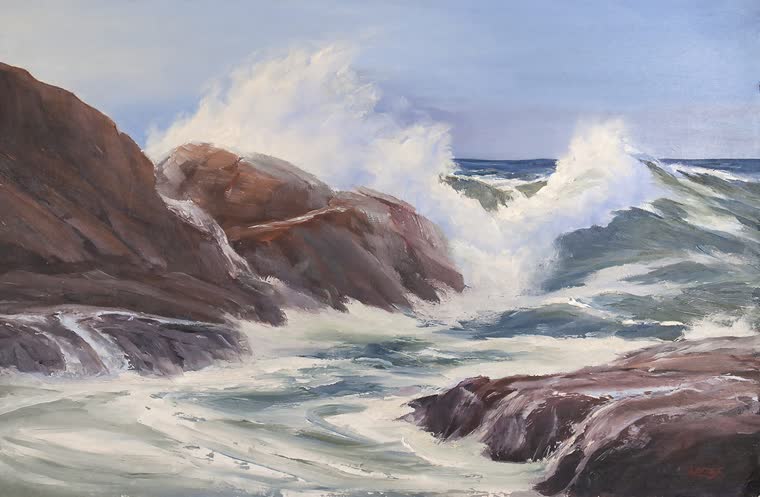 “Perpetual Motion” — oil painting of a coastal surf by Bill Langis