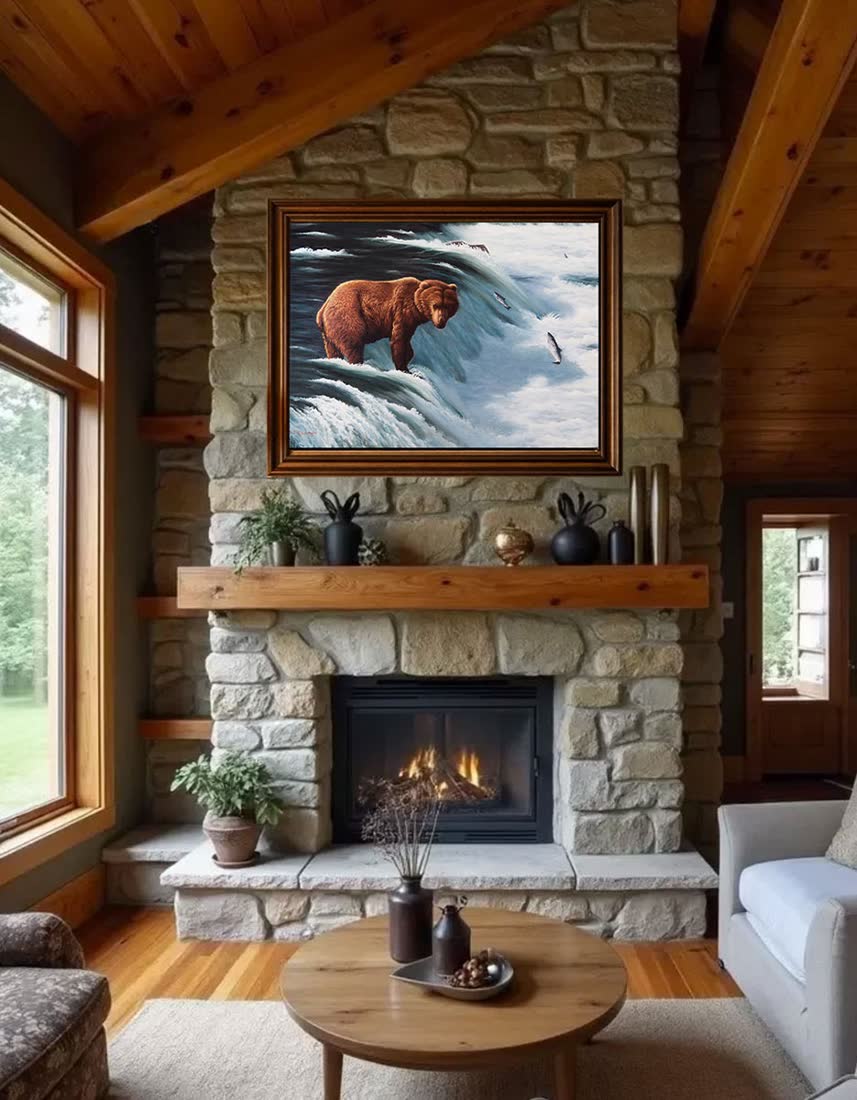 An original Bill Langis painting hung in a furnished room