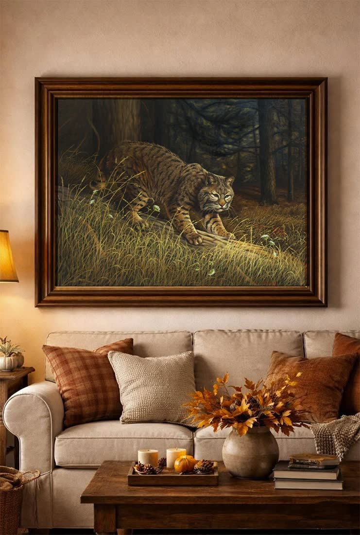 An original Bill Langis painting hung in a furnished room