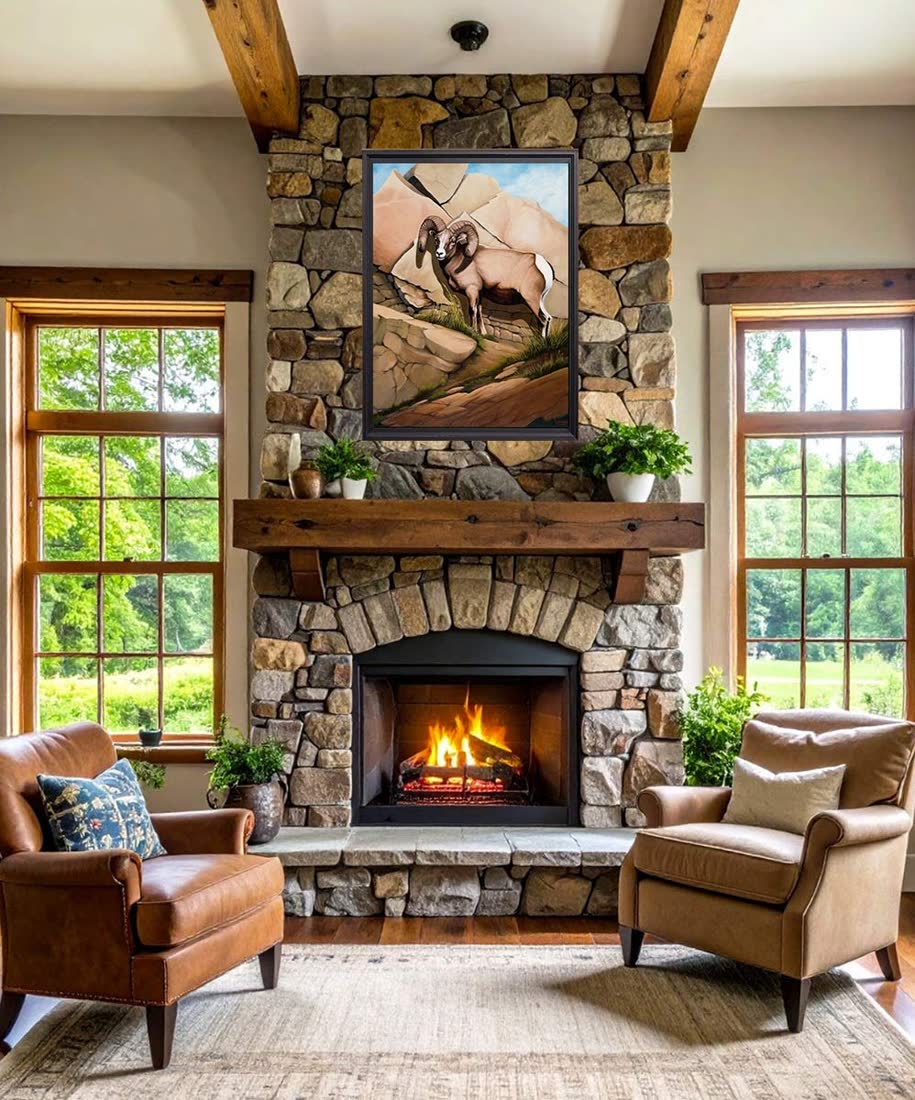 An original Bill Langis painting hung in a furnished room